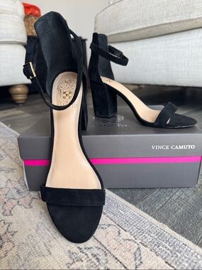 Vince Camuto Black Suede Block Heel Ankle-Strap Sandals